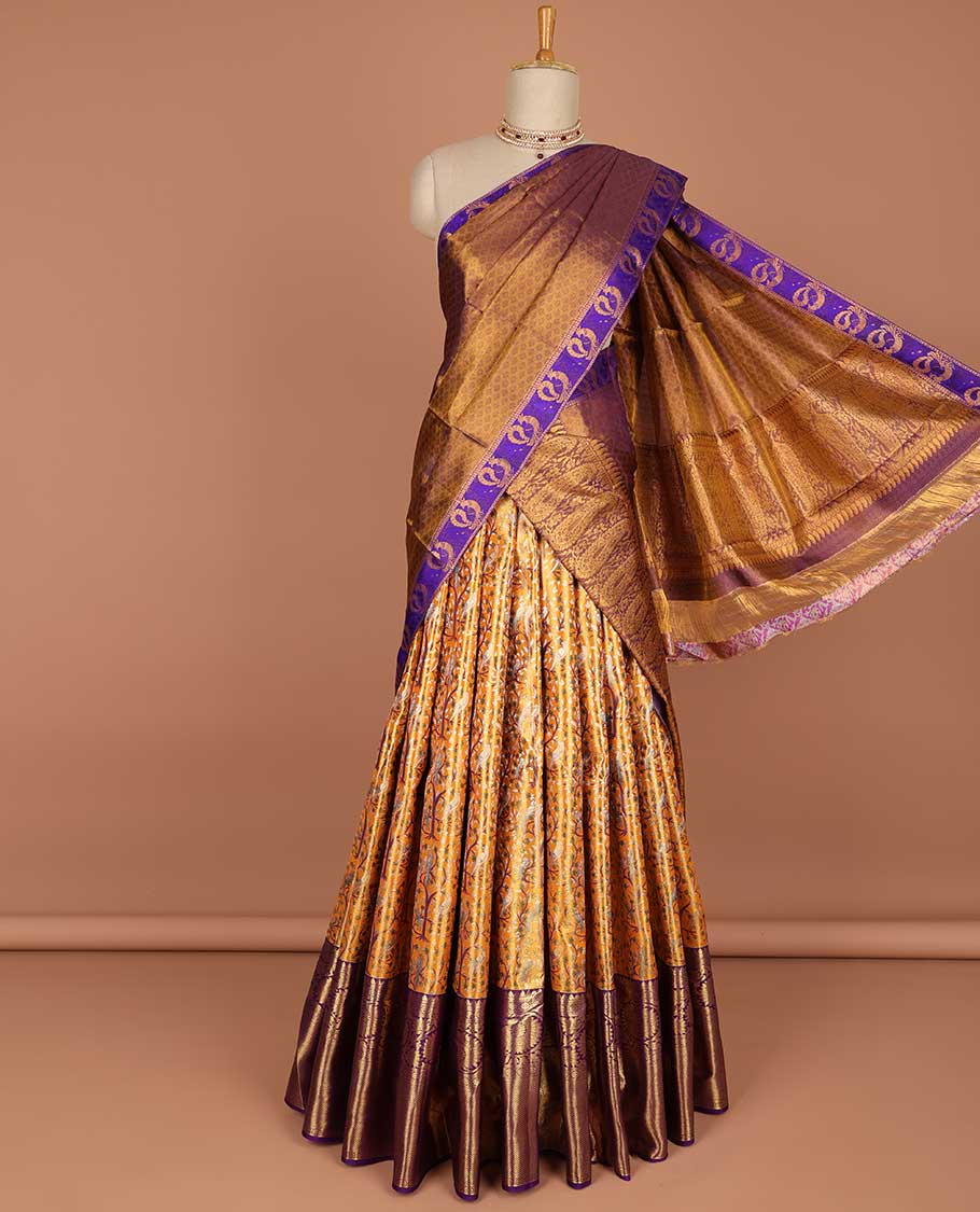 Brown floal jacquard pure silk half saree with contrast floral border , zari design blouse & intricate zari design dhavani