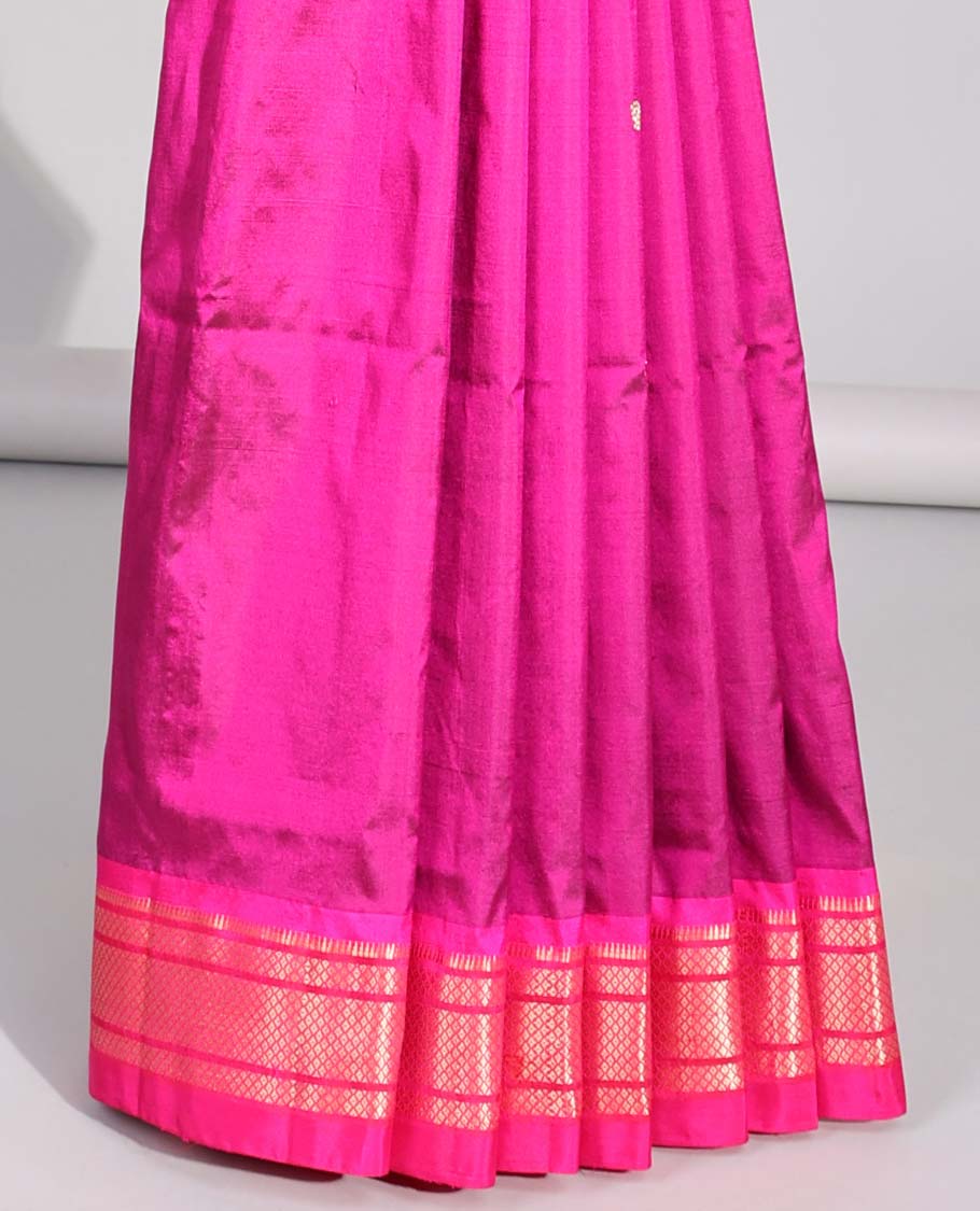 Pink motifs paithani silk sare with contrast checked zari border & intricate zari design pallu