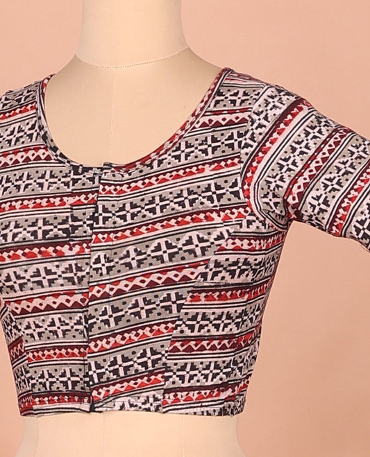 Grey ikkat printed front and back round neck elbow sleeve cotton readymade blouse