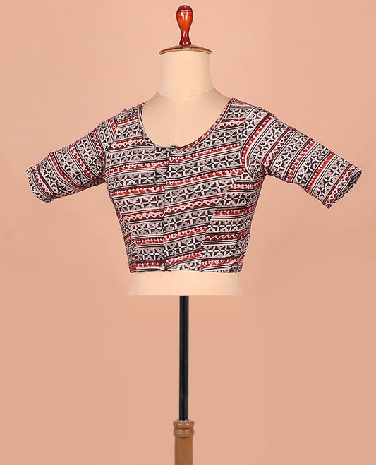 Grey ikkat printed front and back round neck elbow sleeve cotton readymade blouse