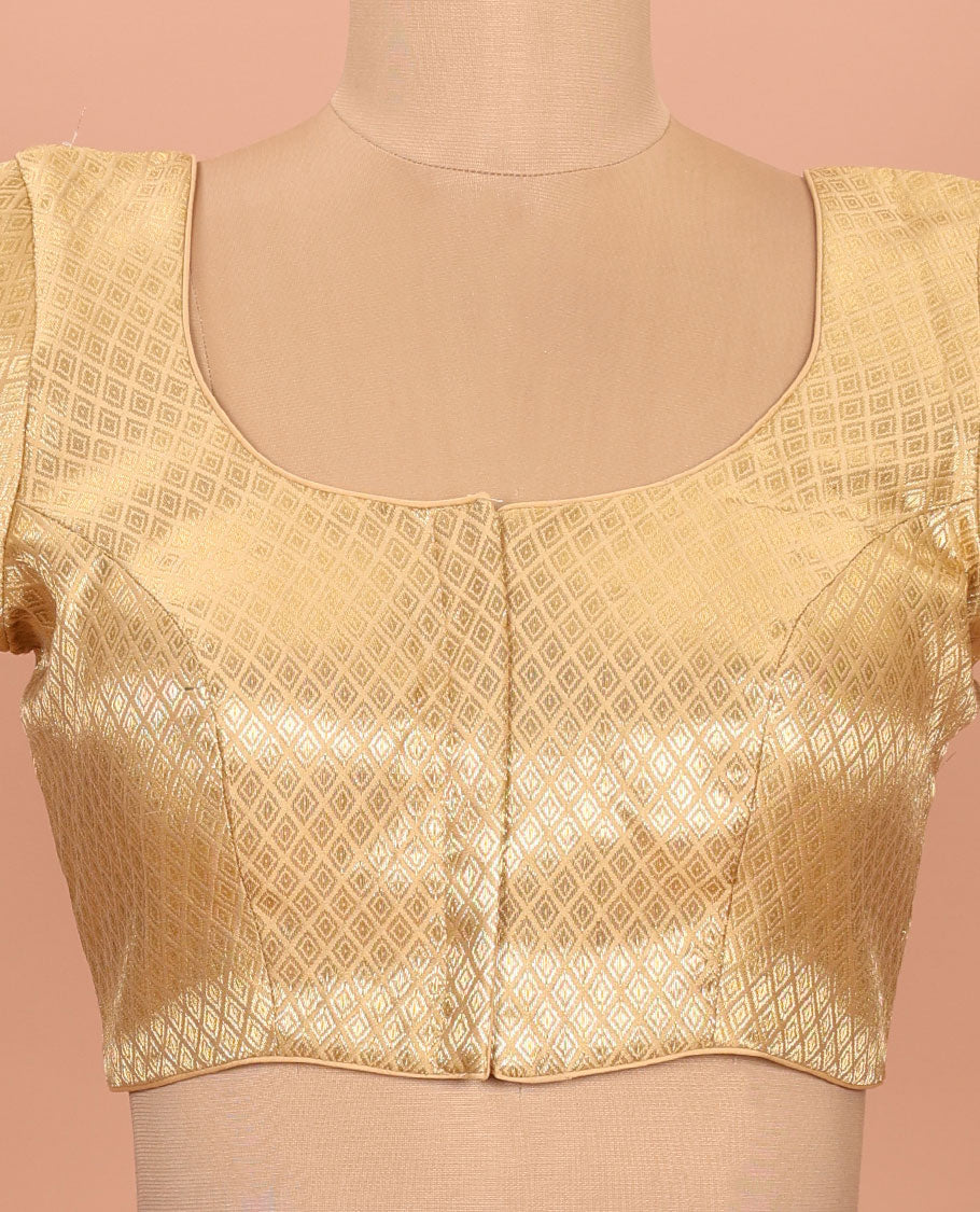 Gold jaal patterned front-back round neck elbow-sleeve readymade blouse