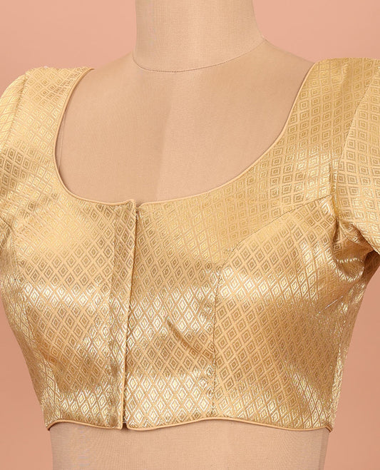 Gold jaal patterned front-back round neck elbow-sleeve readymade blouse