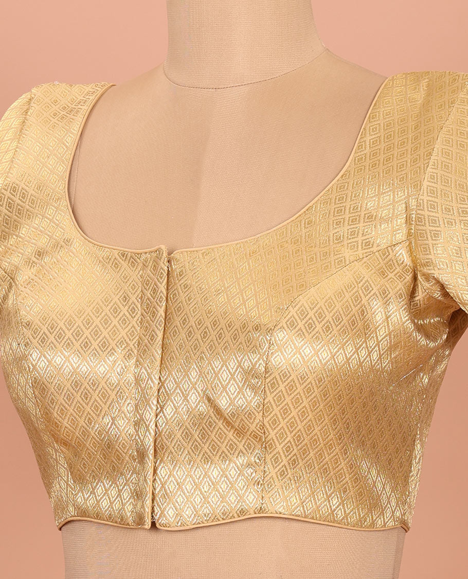 Gold jaal patterned front-back round neck elbow-sleeve readymade blouse