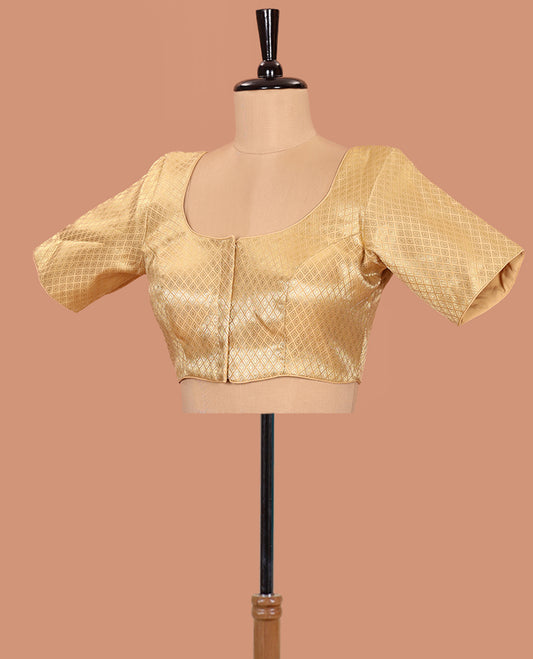 Gold jaal patterned front-back round neck elbow-sleeve readymade blouse