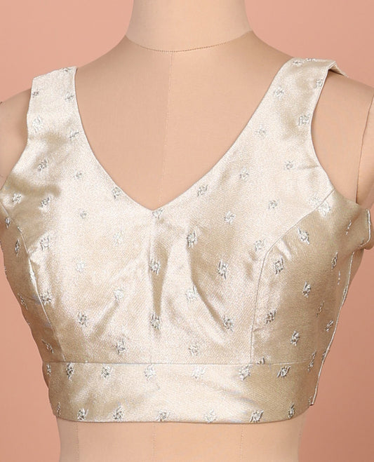 Light gold embroidered buttas front-back V-neck sleeveless readymade blouse