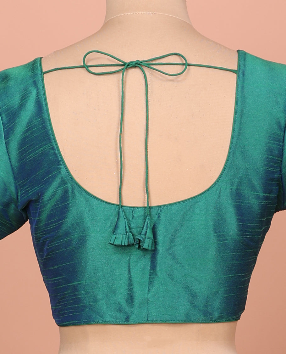 Green Plain Readymade Blouse Featuring a Front Round-Neck, Back Round-Neck, and Elbow Sleeves