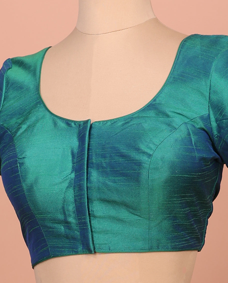 Green Plain Readymade Blouse Featuring a Front Round-Neck, Back Round-Neck, and Elbow Sleeves