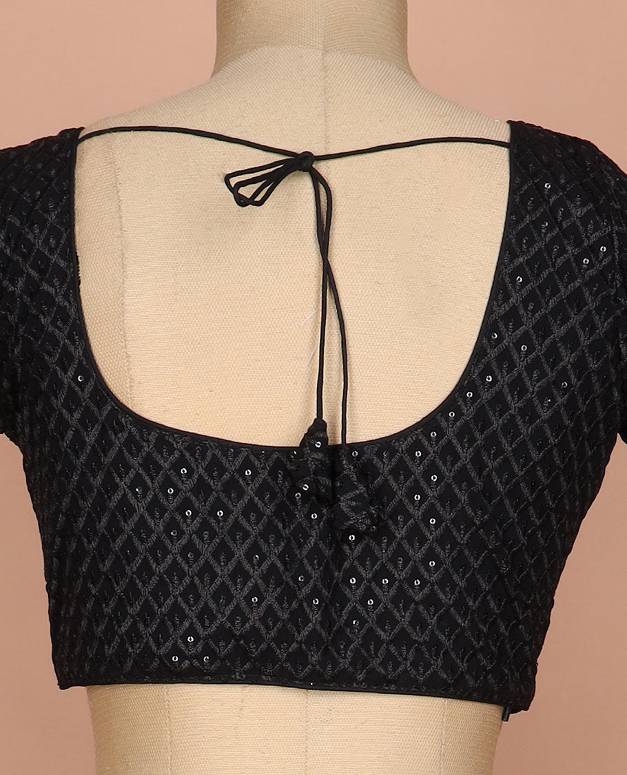 Black thread and sequins argyle design embroidered round neck elbow sleeve raw silk readymade blouse