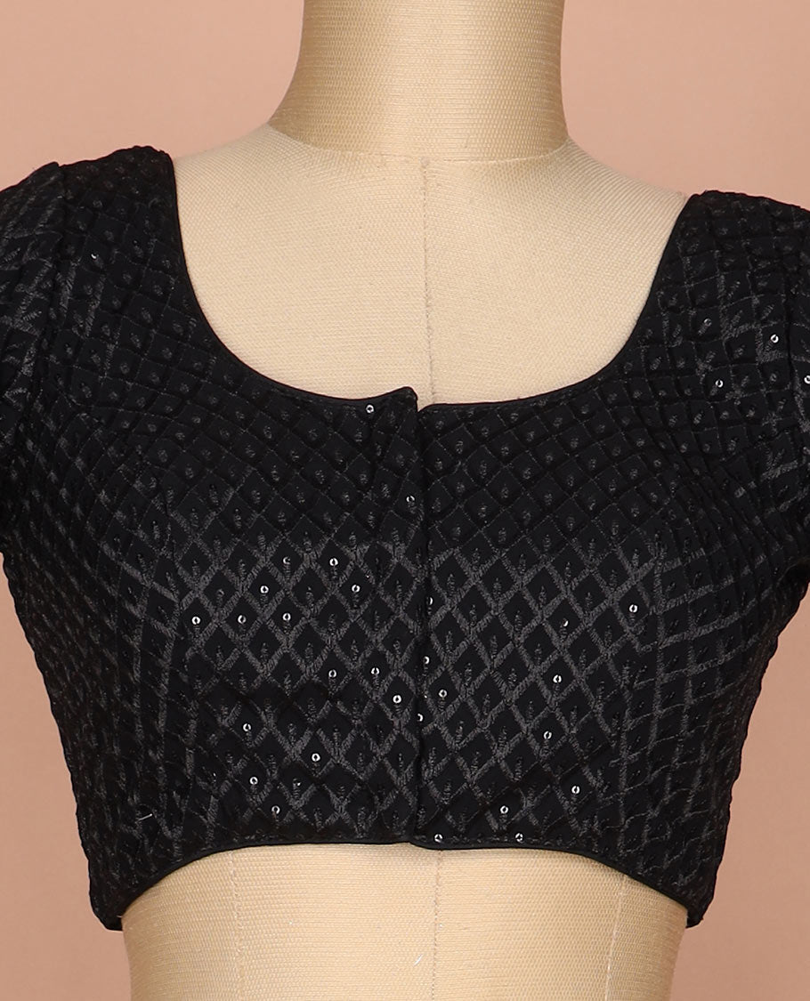 Black thread and sequins argyle design embroidered round neck elbow sleeve raw silk readymade blouse