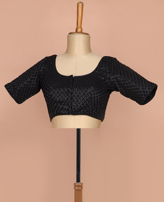 Black thread and sequins argyle design embroidered round neck elbow sleeve raw silk readymade blouse