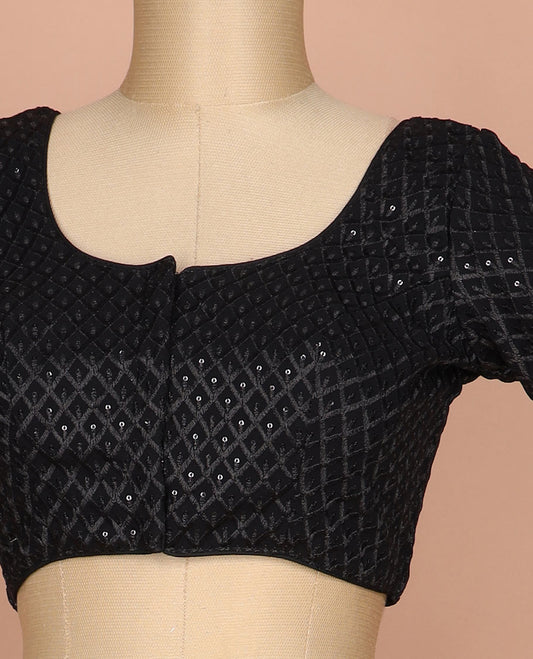 Black thread and sequins argyle design embroidered round neck elbow sleeve raw silk readymade blouse