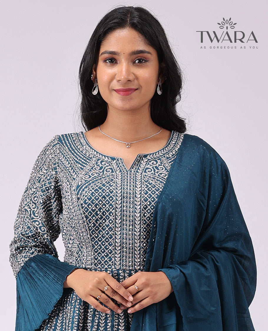 Twara blue intricate floral embroidered round neck, 3/4 th sleeve short top with plain skirt & plain dupatta