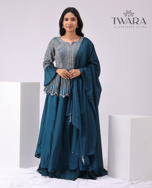 Twara blue intricate floral embroidered round neck, 3/4 th sleeve short top with plain skirt & plain dupatta