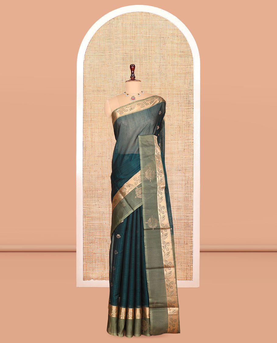 Peacock Blue Silk Cotton Saree, Adorned with Zari Buttas, Complemented by a Contrast Traditional Zari Border, Grand Jaal Pallu, and a Contrast Blouse
