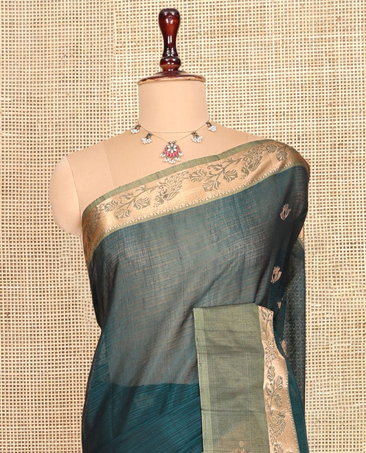 Peacock Blue Silk Cotton Saree, Adorned with Zari Buttas, Complemented by a Contrast Traditional Zari Border, Grand Jaal Pallu, and a Contrast Blouse