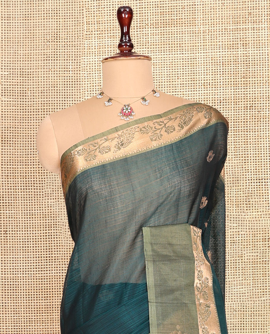 Peacock Blue Silk Cotton Saree, Adorned with Zari Buttas, Complemented by a Contrast Traditional Zari Border, Grand Jaal Pallu, and a Contrast Blouse
