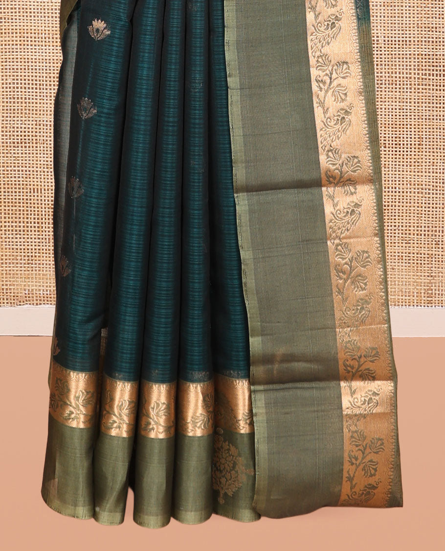 Peacock Blue Silk Cotton Saree, Adorned with Zari Buttas, Complemented by a Contrast Traditional Zari Border, Grand Jaal Pallu, and a Contrast Blouse