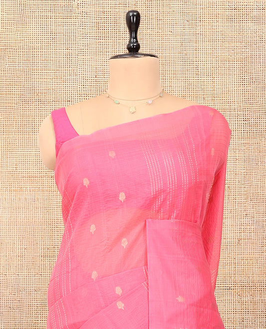 Borderless Pink Silk Cotton Saree, Adorned with Zari Buttas and Stripes, Grand Pallu, and a Matching Blouse