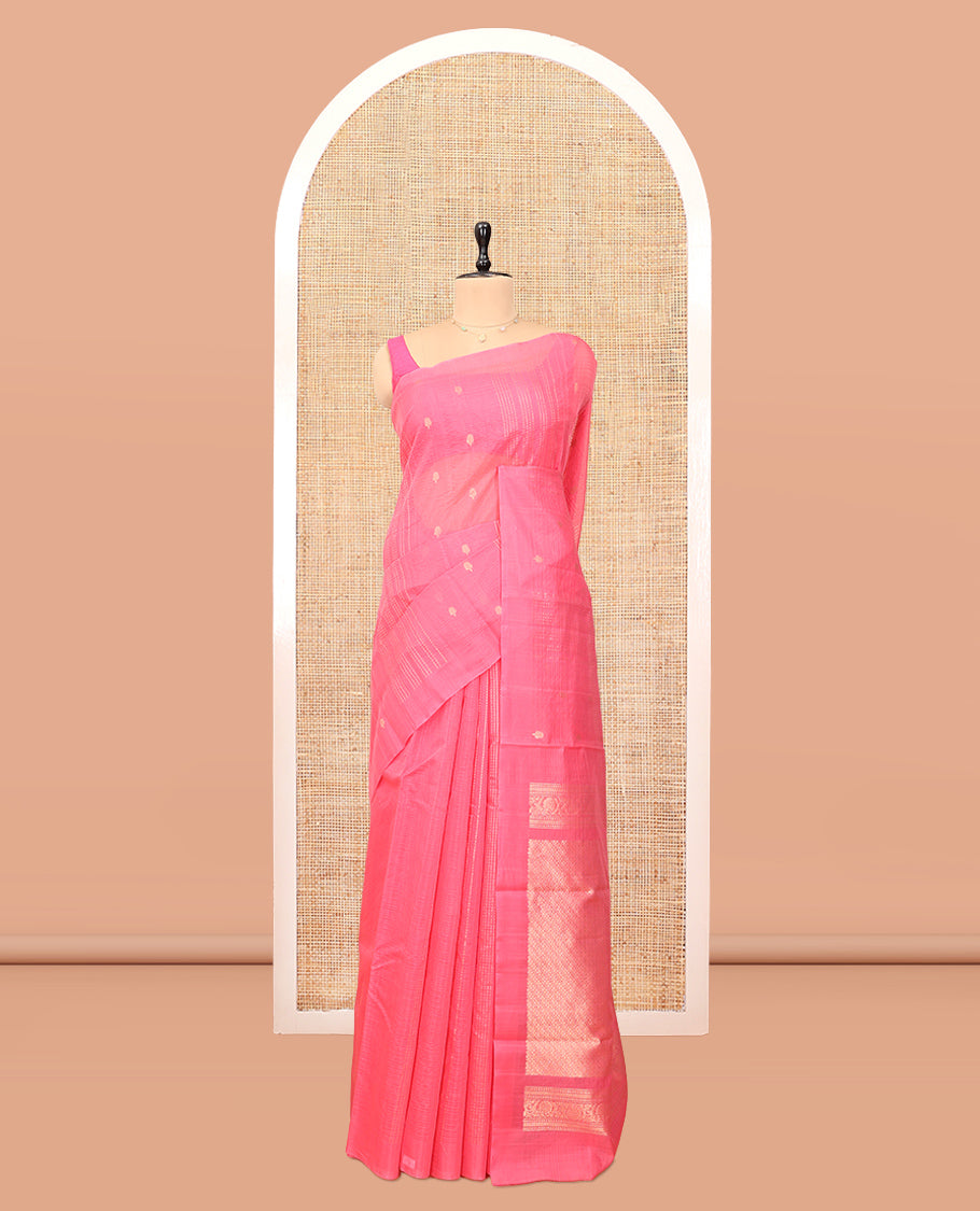 Borderless Pink Silk Cotton Saree, Adorned with Zari Buttas and Stripes, Grand Pallu, and a Matching Blouse