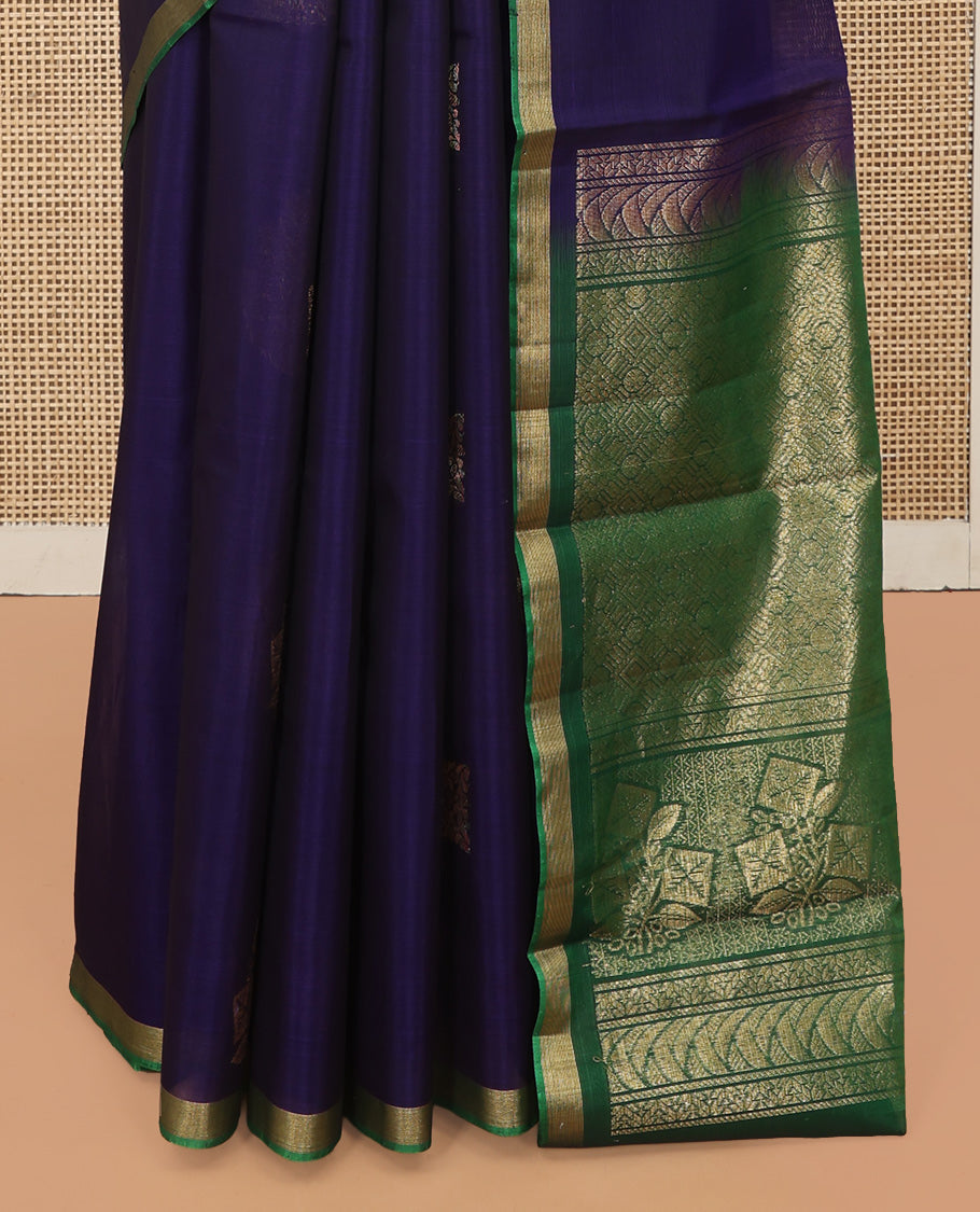 Navy Blue Silk Cotton Saree, Adorned with Zari Buttas, a Contrast Zari Border, Intricate Pallu, and a Contrast Blouse