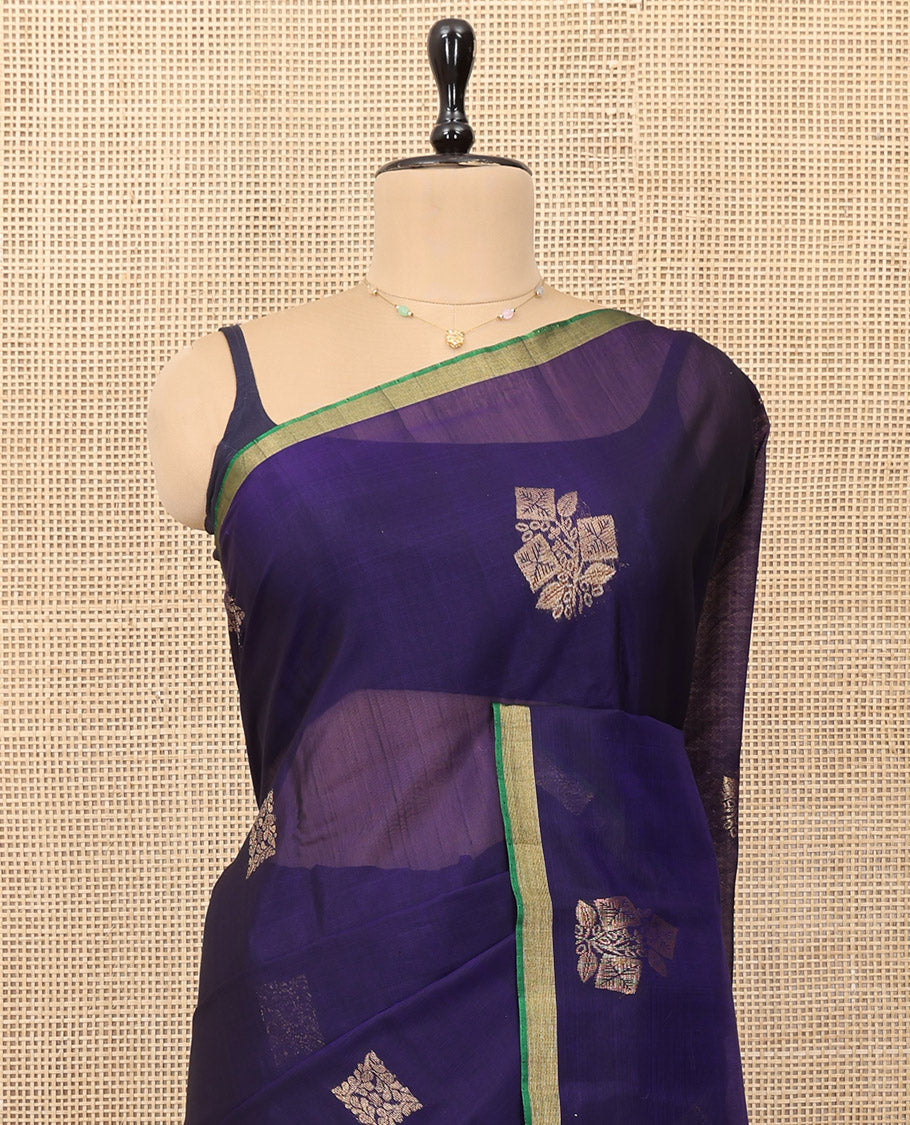 Navy Blue Silk Cotton Saree, Adorned with Zari Buttas, a Contrast Zari Border, Intricate Pallu, and a Contrast Blouse