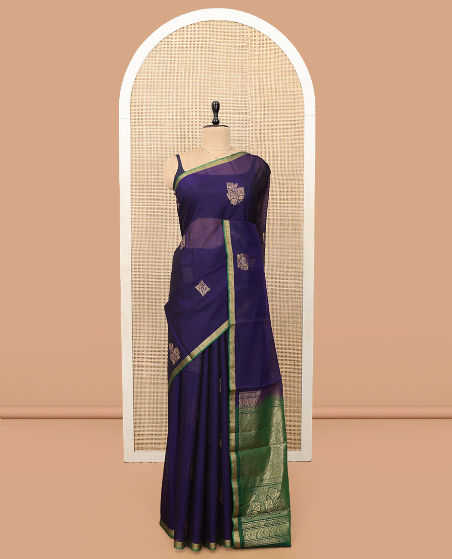 Navy Blue Silk Cotton Saree, Adorned with Zari Buttas, a Contrast Zari Border, Intricate Pallu, and a Contrast Blouse