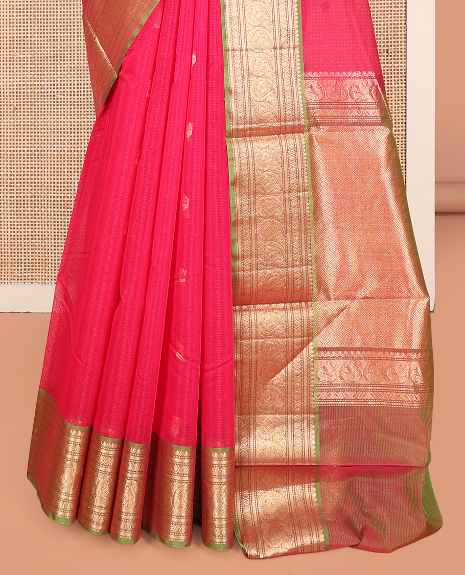 Pink Silk Cotton Saree, Adorned with Buttas, Complemented by Contrast Traditional Zari Border, Grand Jaal Pallu, and a Contrast Blouse