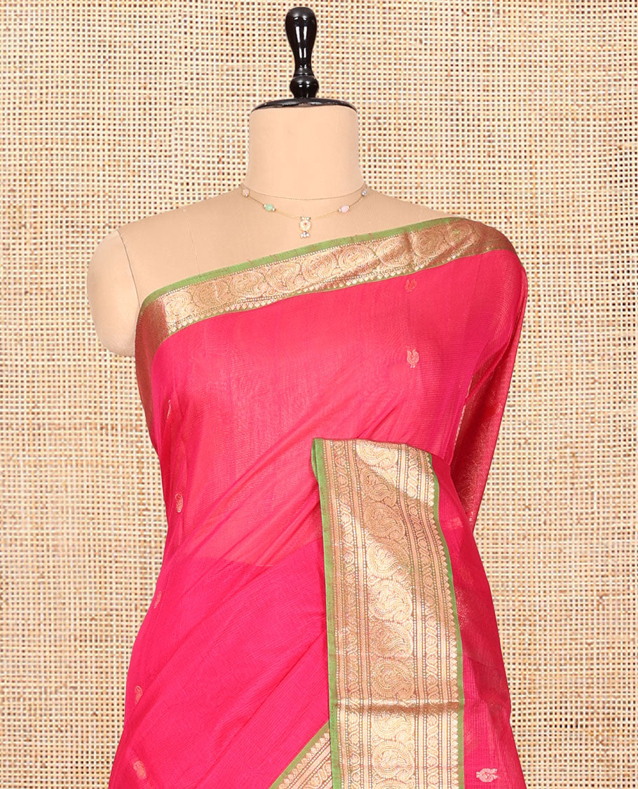 Pink Silk Cotton Saree, Adorned with Buttas, Complemented by Contrast Traditional Zari Border, Grand Jaal Pallu, and a Contrast Blouse