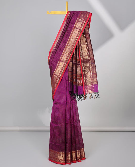 Purple checked cotton silk saree with self zari design border & intricate zari design pallu