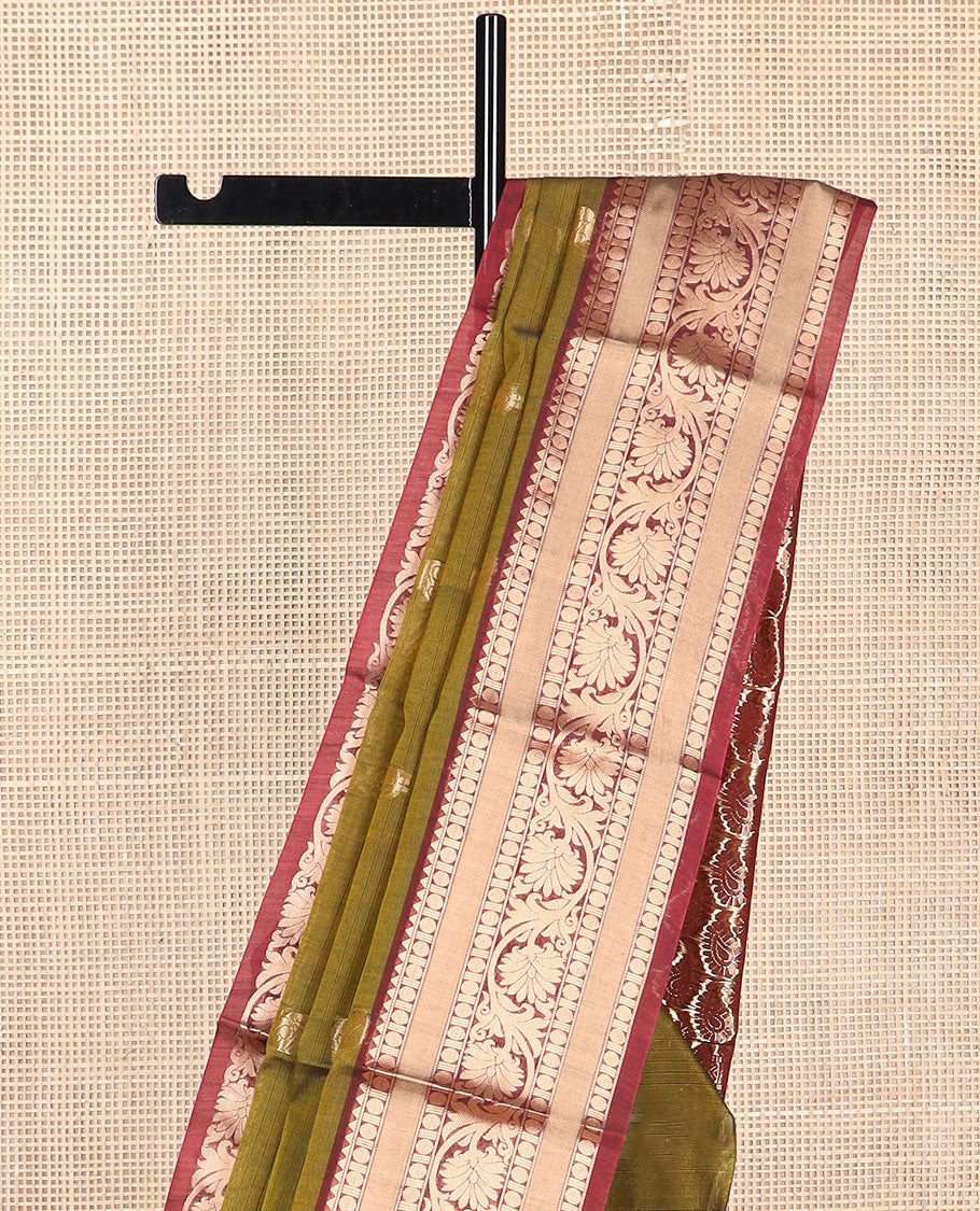 Green floral motifs silk cotton saree with contrast intricate zari design border & paisley design pallu