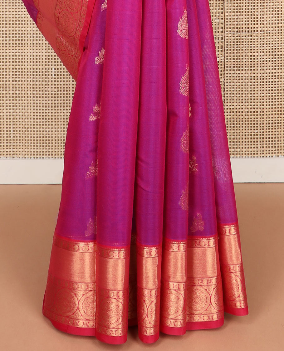 Pink motifs silk cotton saree with contrast zari design border & ogee design pallu