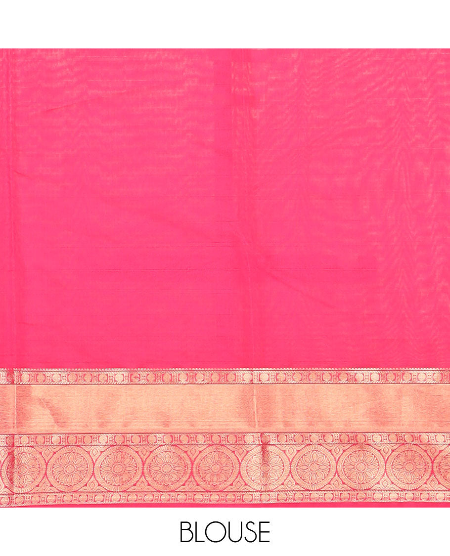 Pink motifs silk cotton saree with contrast zari design border & ogee design pallu