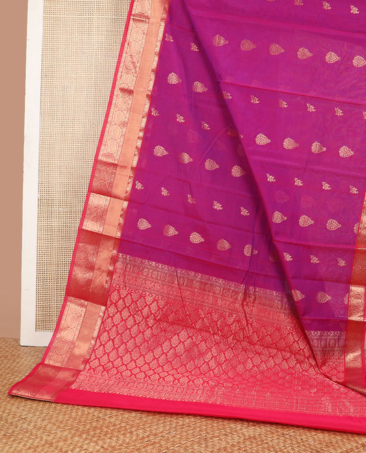 Pink motifs silk cotton saree with contrast zari design border & ogee design pallu