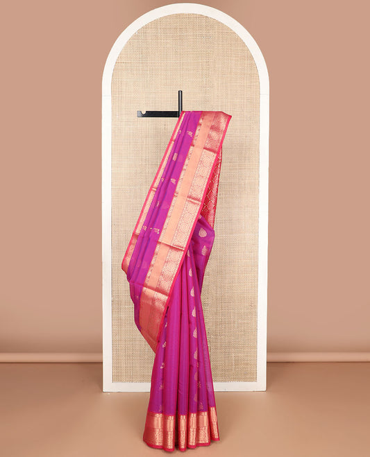 Pink motifs silk cotton saree with contrast zari design border & ogee design pallu
