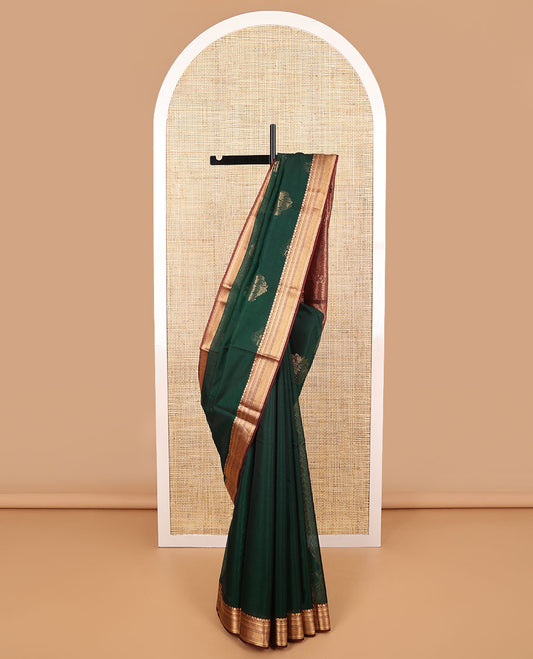 Green floral motifs silk cotton saree with contrast zari designb order & floral design pallu