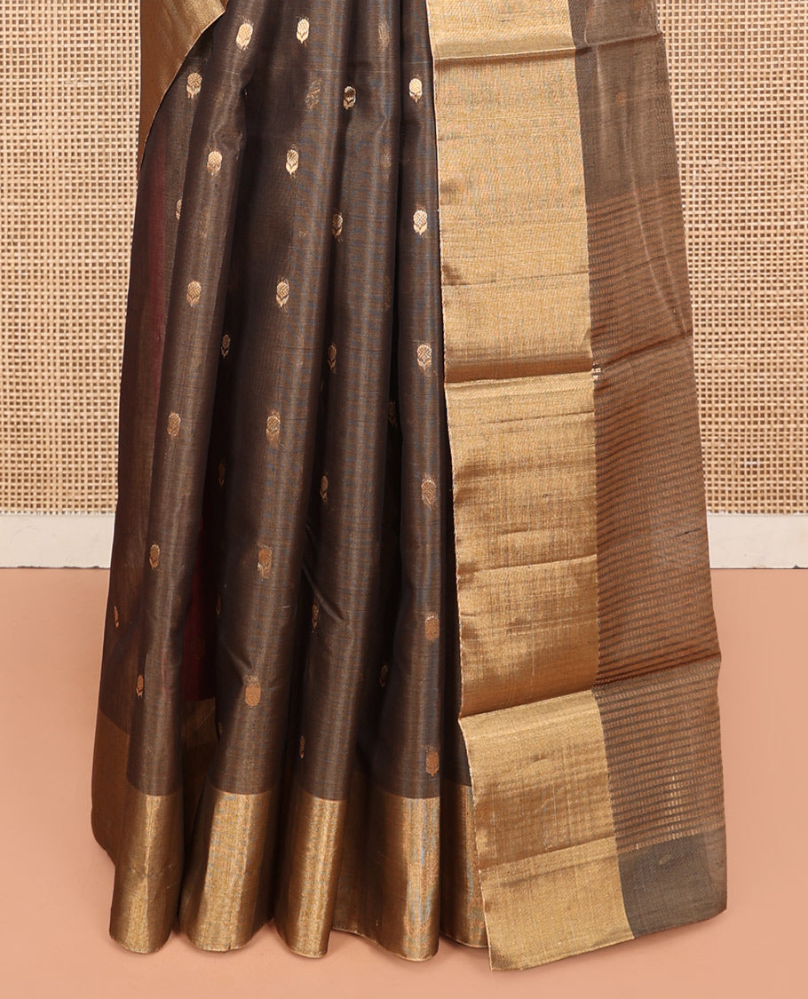 Brown Silk Cotton Saree, Adorned with Buttas, Gleaming Bavanji Border, Pallu Steeped with Stripes, and a Matching Blouse