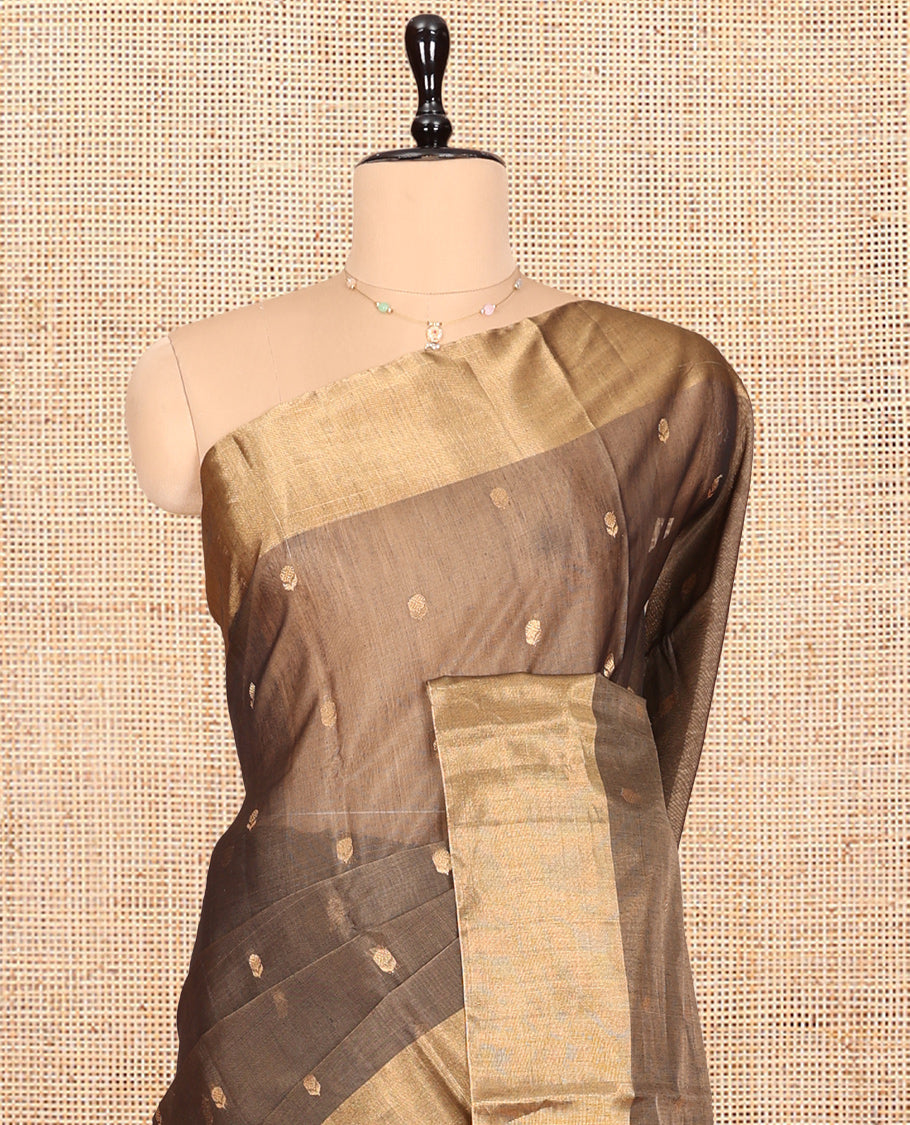 Brown Silk Cotton Saree, Adorned with Buttas, Gleaming Bavanji Border, Pallu Steeped with Stripes, and a Matching Blouse