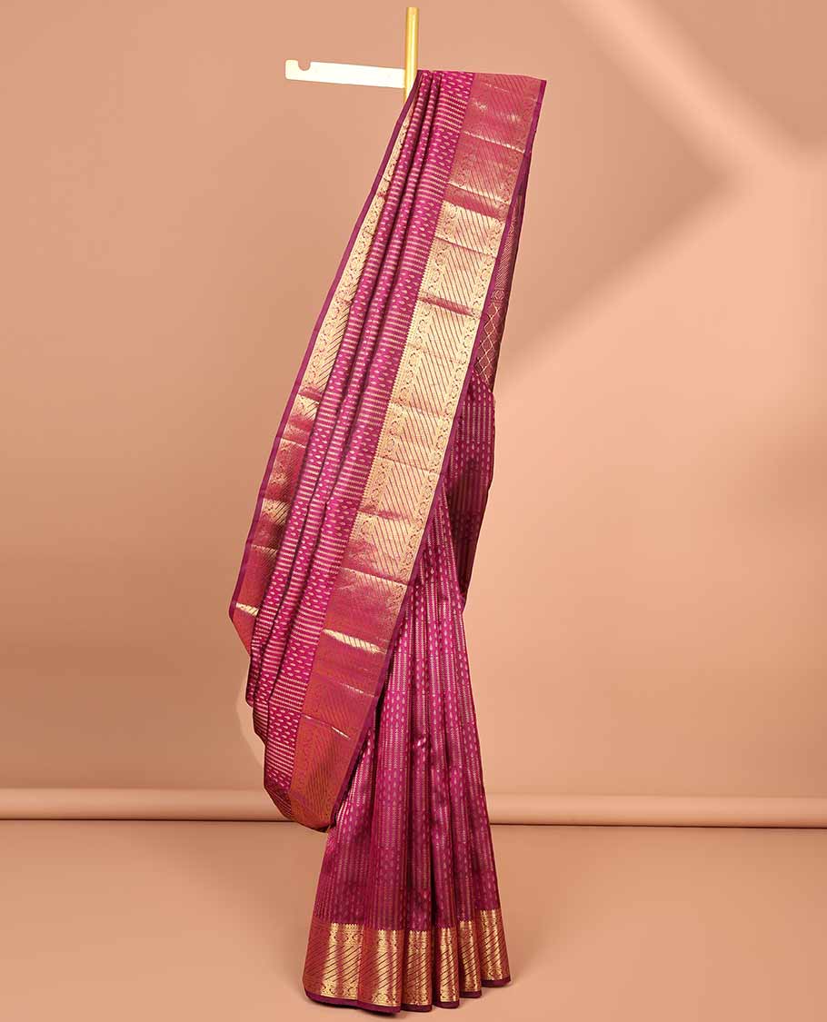 Maroon geometric design silk saree with self-border of zari design & floral, checked zari design pallu