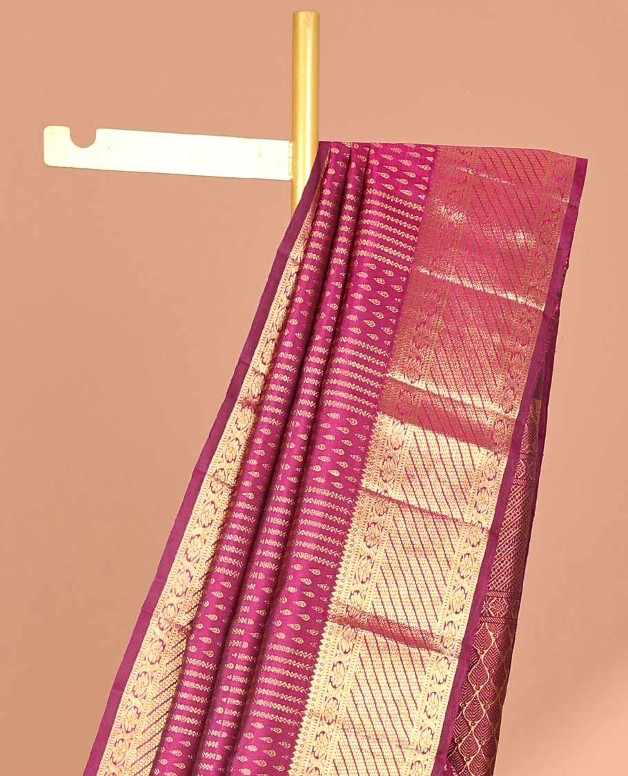Maroon geometric design silk saree with self-border of zari design & floral, checked zari design pallu