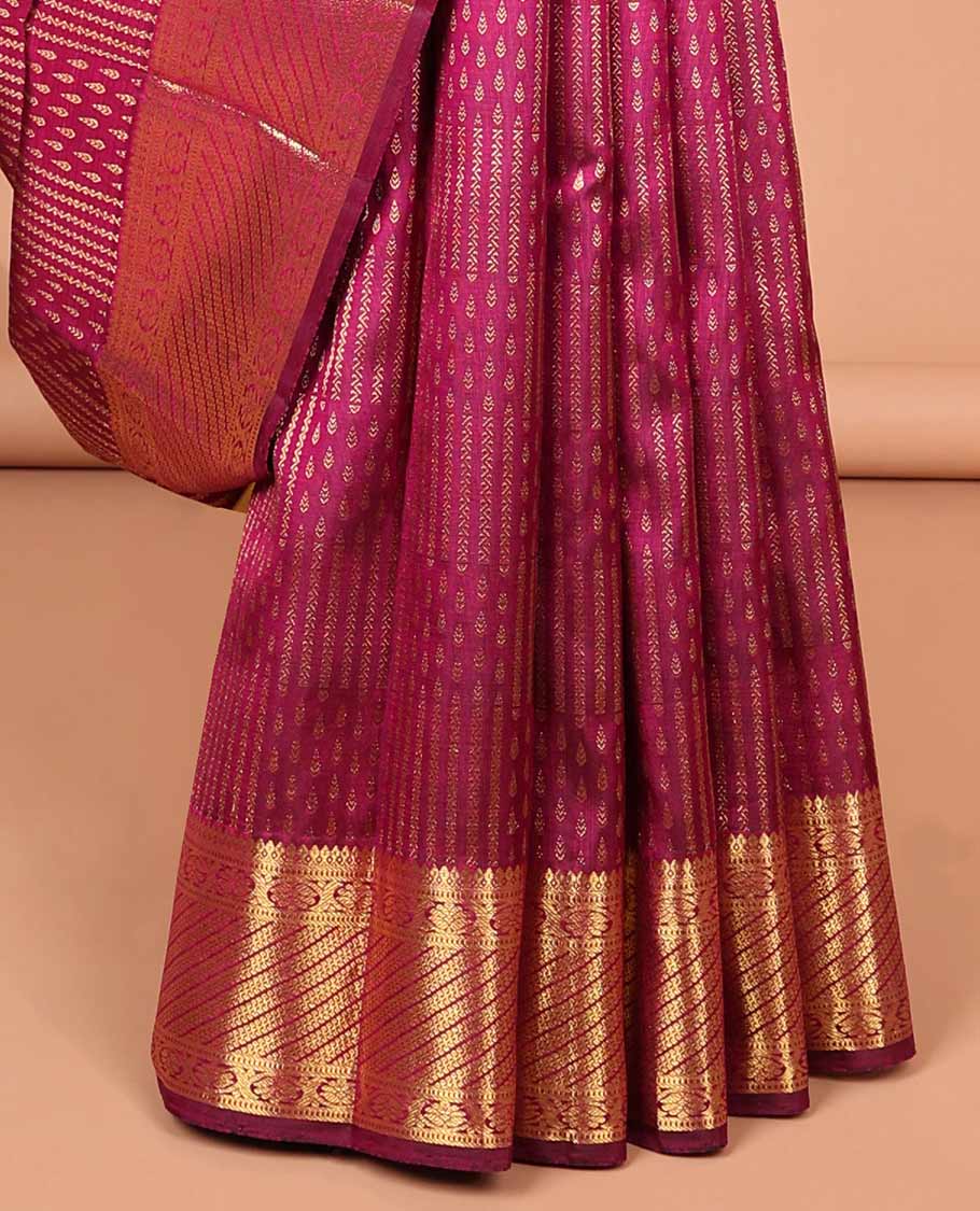Maroon geometric design silk saree with self-border of zari design & floral, checked zari design pallu