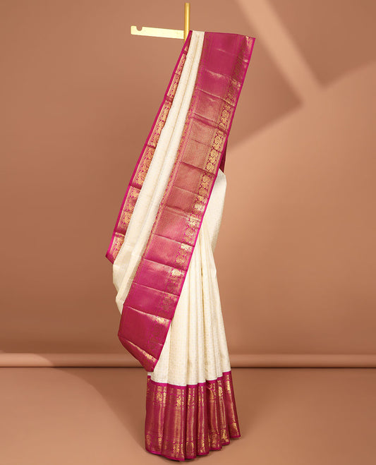 Cream floral enclosed checked design samudrika silk saree with contrast border of rekku, banaras, mayil, ara maadam design & zari design pallu