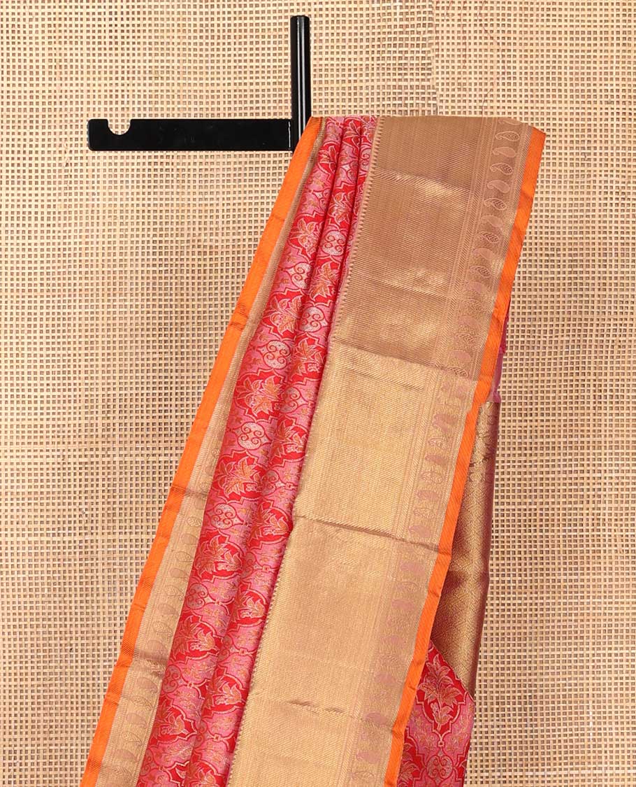 Red jacquard silk saree, contrast border of rekku, zari stripes, banaras, and manga designs, and jaal pallu