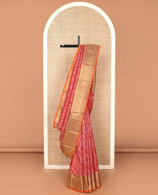 Red jacquard silk saree, contrast border of rekku, zari stripes, banaras, and manga designs, and jaal pallu