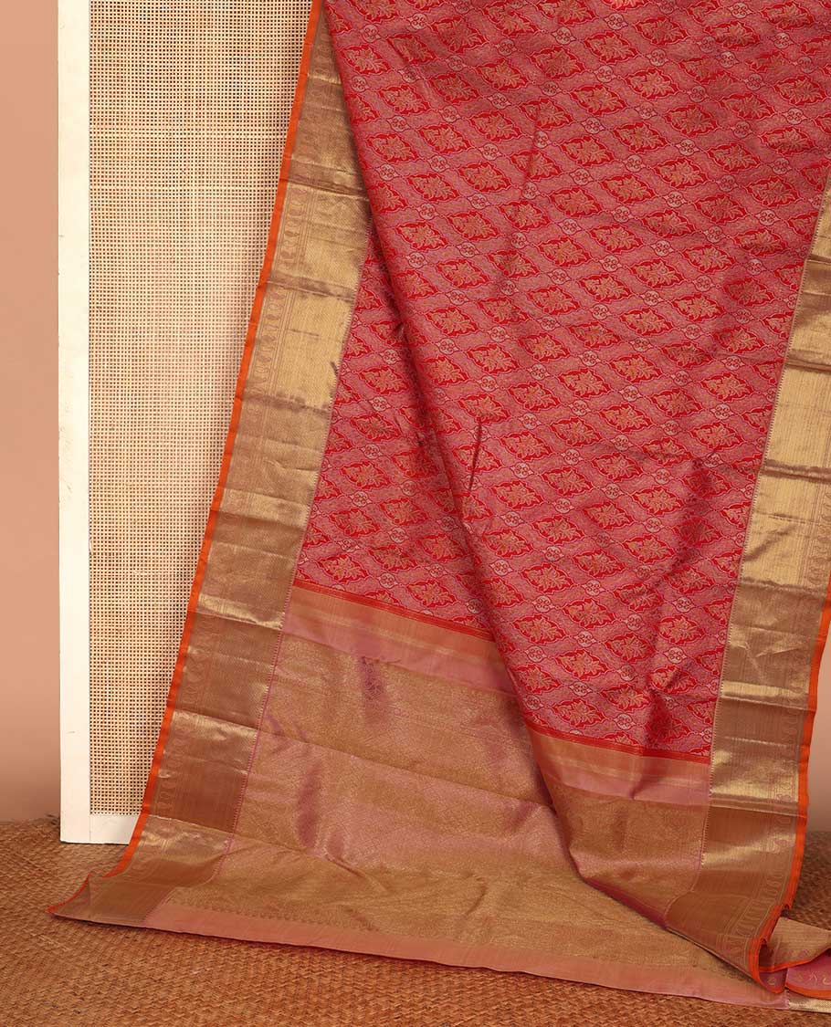 Red jacquard silk saree, contrast border of rekku, zari stripes, banaras, and manga designs, and jaal pallu