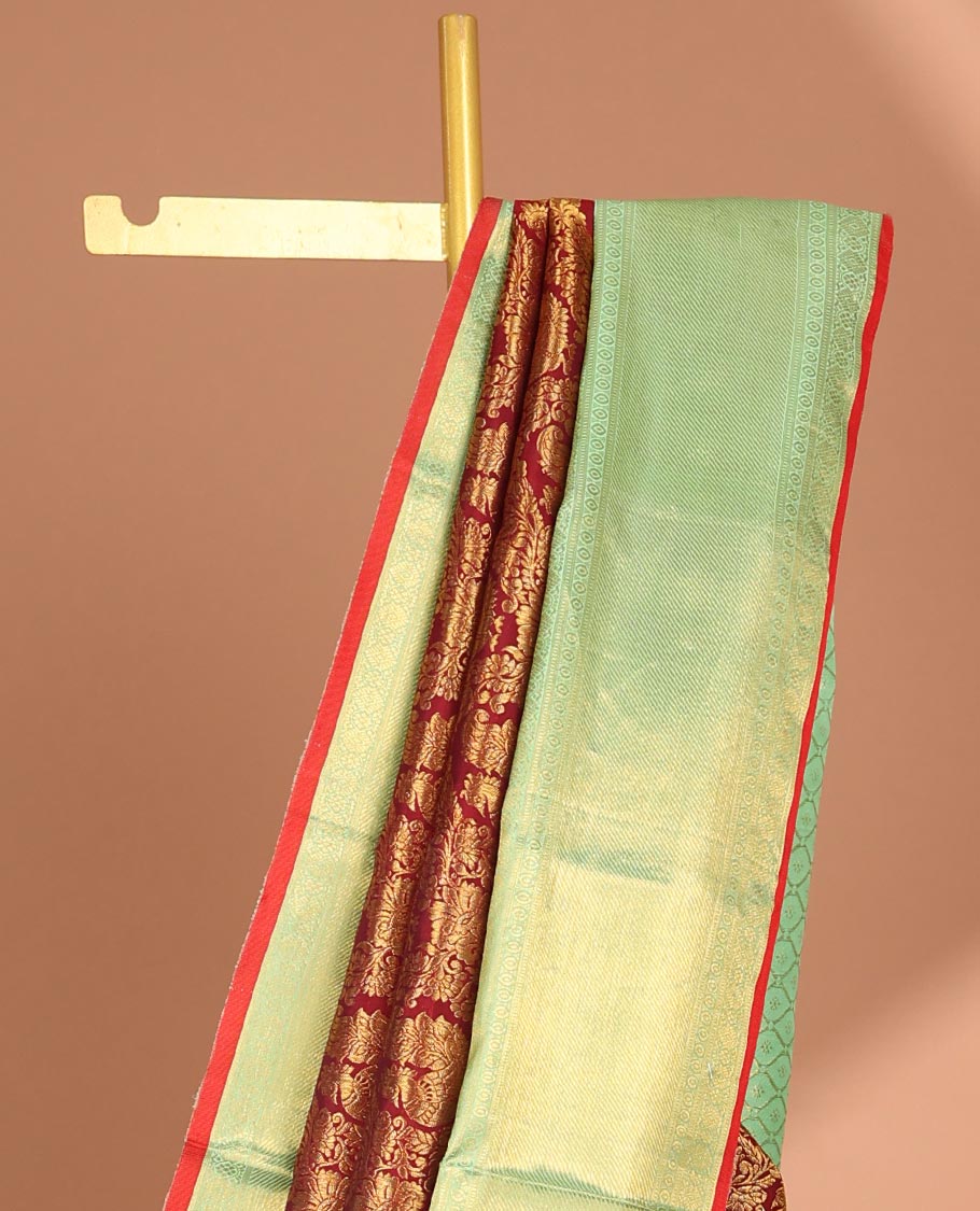 Red floral jacquard samudrika silk saree with contrast zari design border & floral, checked zari design pallu