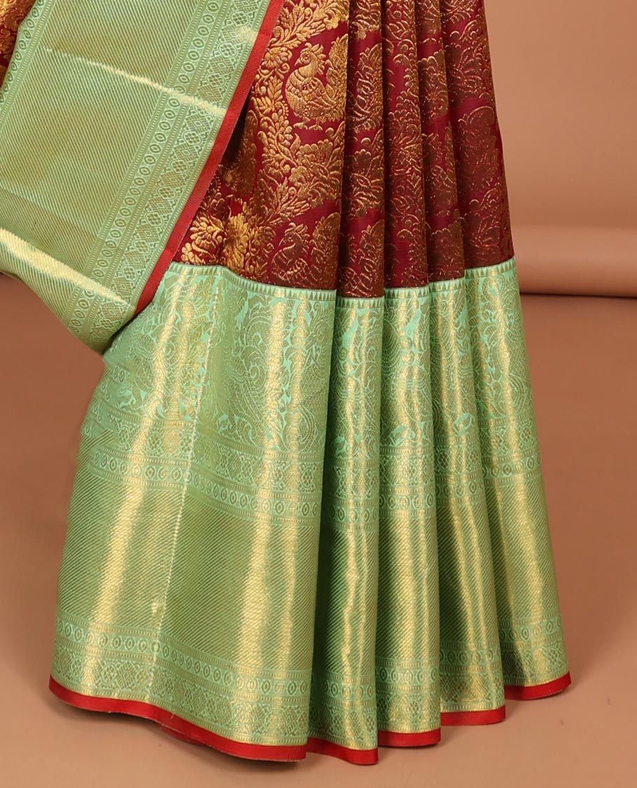 Red floral jacquard samudrika silk saree with contrast zari design border & floral, checked zari design pallu