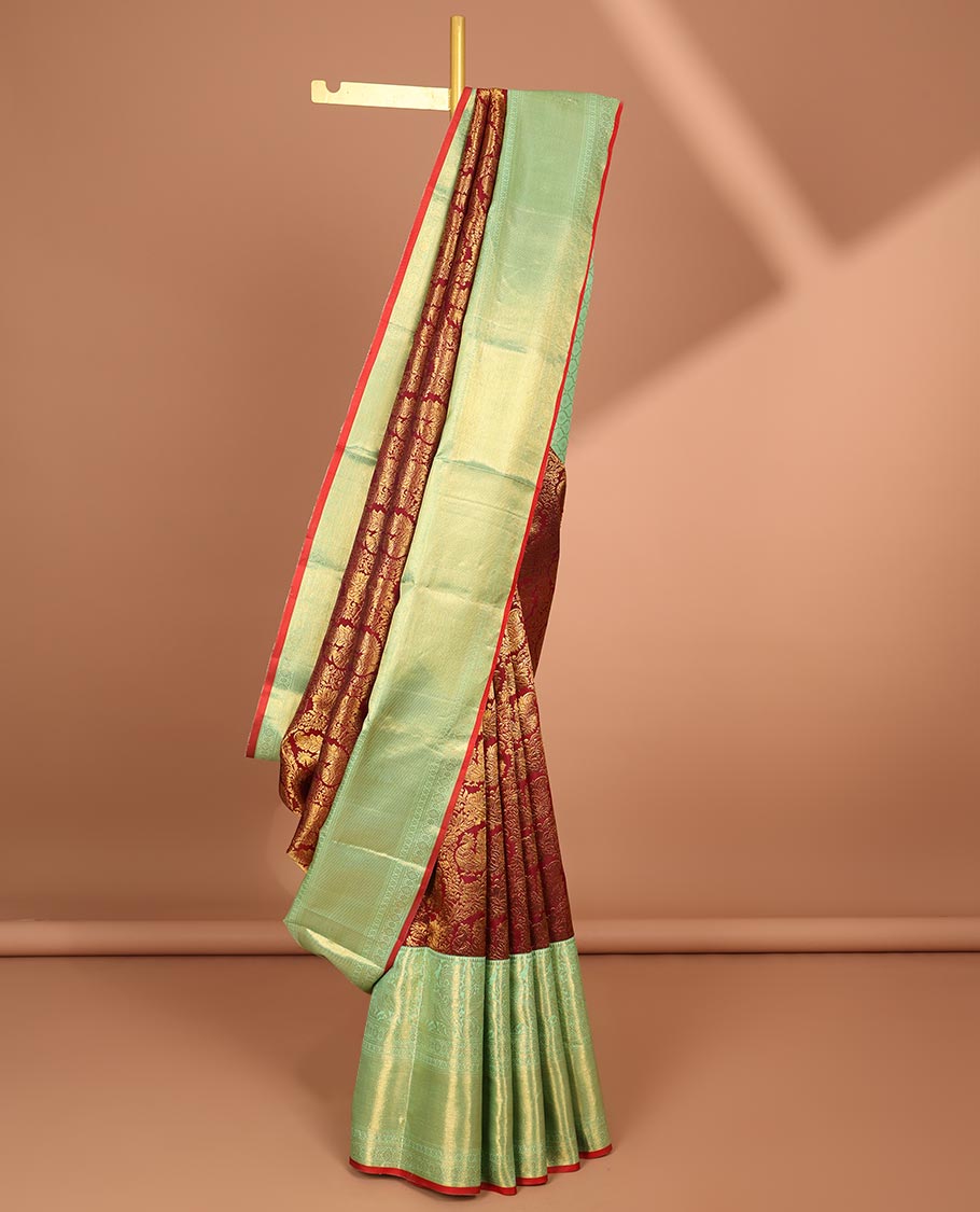 Red floral jacquard samudrika silk saree with contrast zari design border & floral, checked zari design pallu
