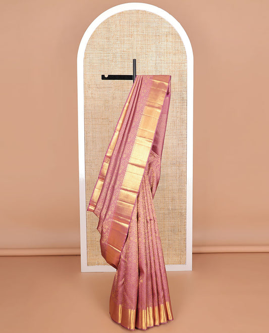 Purple floral jacquard silk saree with self zari border of rekku, muthu, banras design & floral design pallu