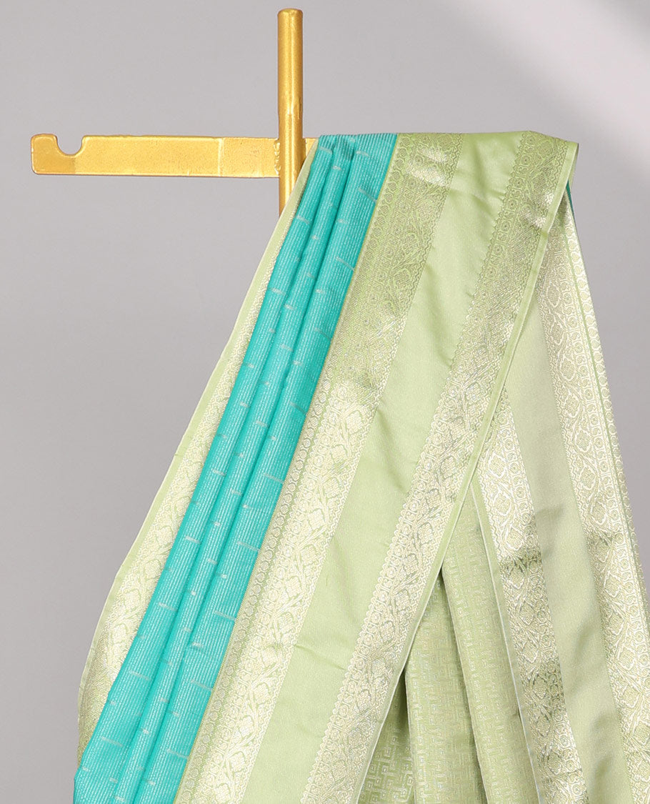 Green motifs semi-silk soft saree with contrast zari border & intricate design pallu