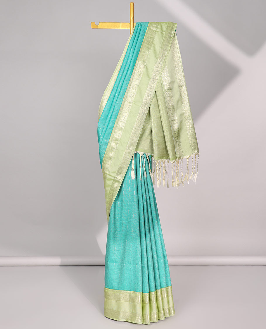 Green motifs semi-silk soft saree with contrast zari border & intricate design pallu